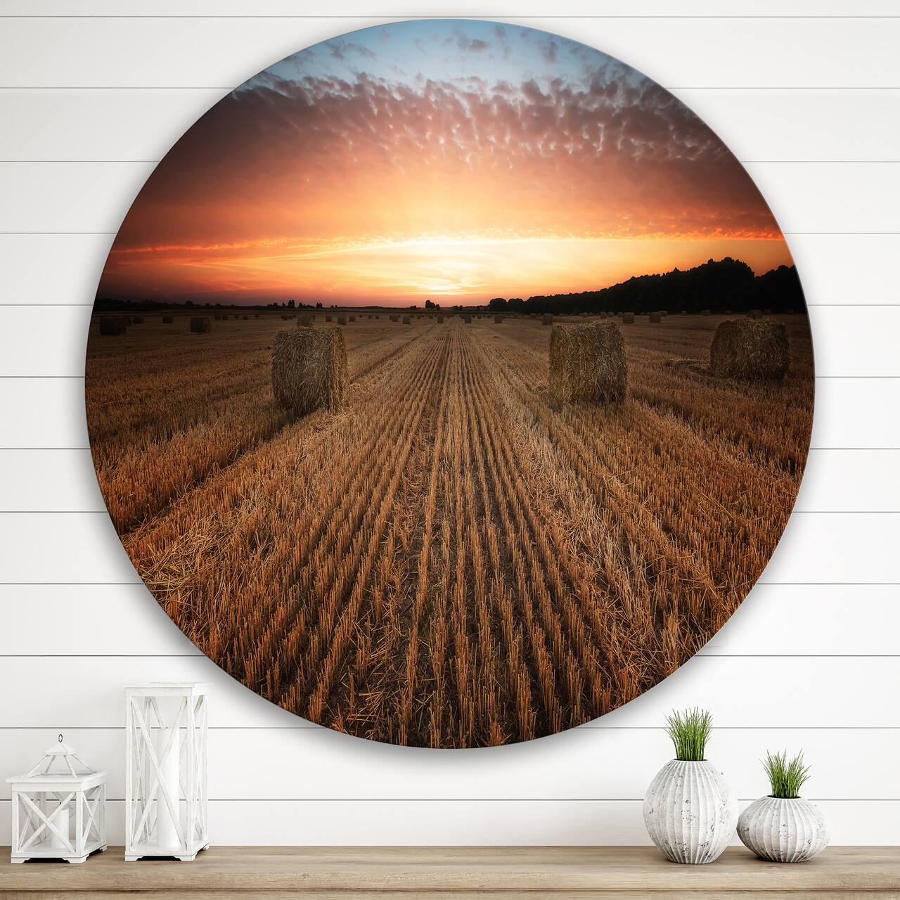 Designart - Landscape With A Field Full of Hay Bales At Sunset - Farmhouse Metal Circle Wall Art